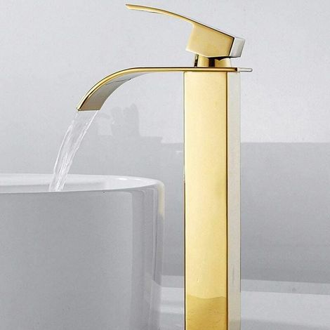 Badarmatur, hoher Wasserfall-Waschtischauslauf für Waschbecken, moderner Kalt- und Warmwassermischer, quadratisch, verchromt, Einlochmontage (Gold) (1/5)