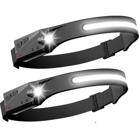 Confezione da 2 lampade frontali a LED con sensore, potente faro COB XPE, 5 modalità, ricaricabile tramite USB, luce di corsa impermeabile, ideale per campeggio, lettura, escursionismo, ciclismo, pesc (1/5)