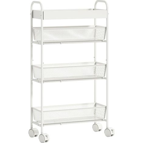 Küchenwagen aus Metall, 3 Körbe, schmales Design, 4 Räder, für Küche, Wohnzimmer, Badezimmer, Weiß mit stabiler Konstruktion für lange Lebensdauer