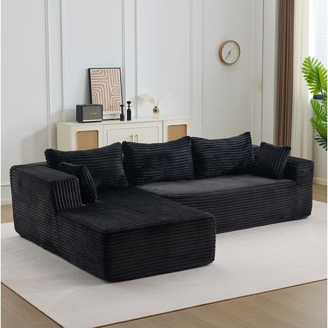 Canapé d’angle modulable en L avec méridienne, assise profonde, velours côtelé noir 279x179x83 cm (1/5)