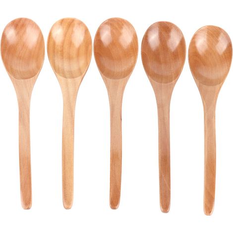5 cuillères en bois à soupe avec manche incurvé, idéales pour servir riz et aliments, ustensiles de cuisine écologiques (couleur bois) (1/5)