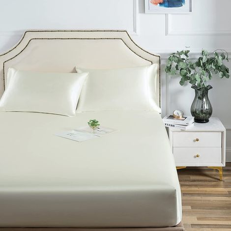 Damier Drap-housse en satin 100x200cm Blanc Soie Brillant Drap-housse en satin, adapté pour des matelas jusqu'à 25cm (1/5)