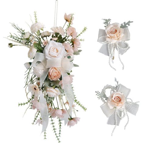 (Brautstrauß + Ansteckblume + Armband aus künstlichen Blumen) 3-teiliges Hochzeitsset: Brautstrauß, Ansteckblume, Blumenarmband, Partyaccessoires, künstliche Blumen (1/2)