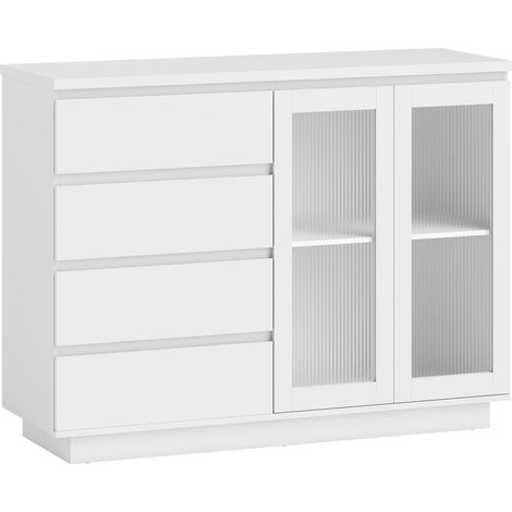 Credenza Buffet 120x40x91 cm con 4 Cassetti e Armadietto con Ante in Vetro in Legno Bianco