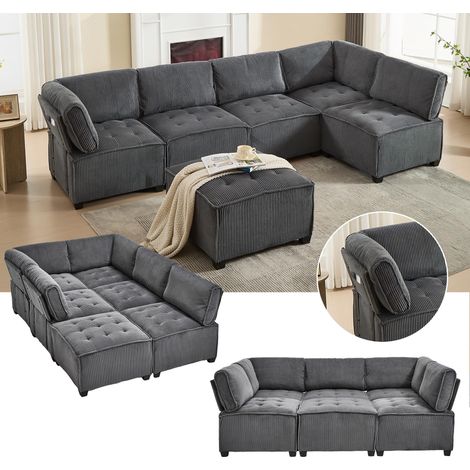 Canapé modulable 6 places, tissu velours côtelé, ergonomique, poches de rangement, combinable à souhait en forme de U, de L ou convertible, structure robuste en bois et métal, montage facile, gris (1/5)