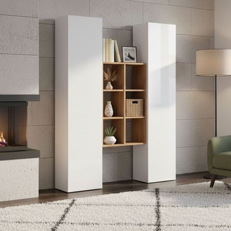 Dmora - Aparador Ddeluc, Juego de salón con 2 puertas y estantes, Buffet de salón, Aparador de cocina, 100% Made in Italy, 140x30h180 cm, Blanco brillo y Arce (1/5)
