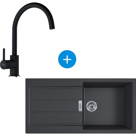 Franke Sirius Fregadero 100×50cm 1 seno con escurridor, Tectonite, Onyx + Grifo monomando cuello de cisne, Fragranit, Onyx
