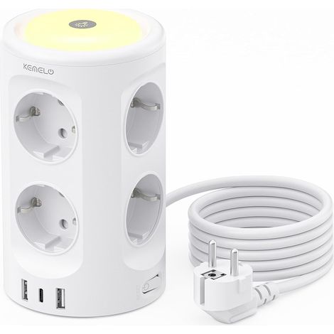 Multiprise 8 prises avec veilleuse et USB C, multiprise avec interrupteur unique, rallonge de 2 m, prise de distribution, avec protection contre les surtensions, tour de prise, blanche (1/5)