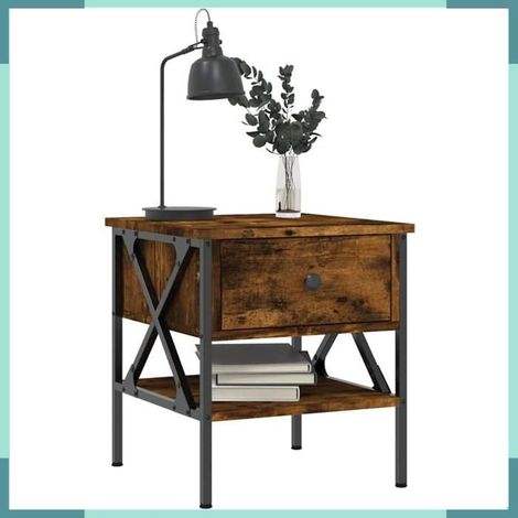 Table de chevet - 825958 - chêne fumé - bois d'ingénierie & fer - lot 2 pièces 40x42x45 cm (1/5)