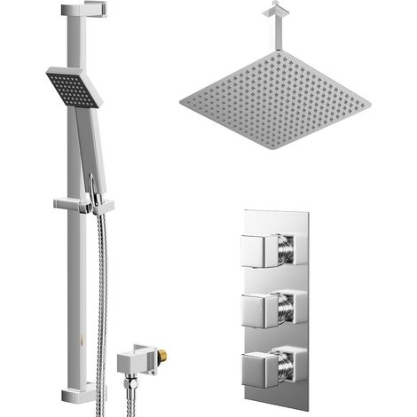 Cubix Polished Chrome Concealed Triple Thermostatic Shower Valve and 400mm Thin Square Fixed Head with 300mm Ceiling Arm and Thames Slide Rail Kit with Square Elbow - 2 Outlet (1/5)