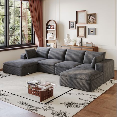 Canapé modulable 4 places avec 2 ottoman, sans cadre en bois, rembourrage en mousse, en velours côtelé, gris foncé