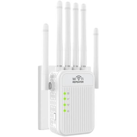 Répéteur WiFi, Puissant amplificateur de Signal WiFi, 6 antennes, 2 Port LAN, WiFi/Extender 2,4 GHz, Couverture jusqu'à 1200 m², idéal pour Le Bureau et la Maison, Installation Facile
