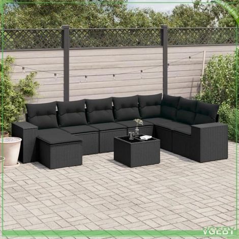 Salon de jardin - Modulaire 9 pcs - Résine tressée noire - Rangement sous assise - Table verre trempé (1/3)