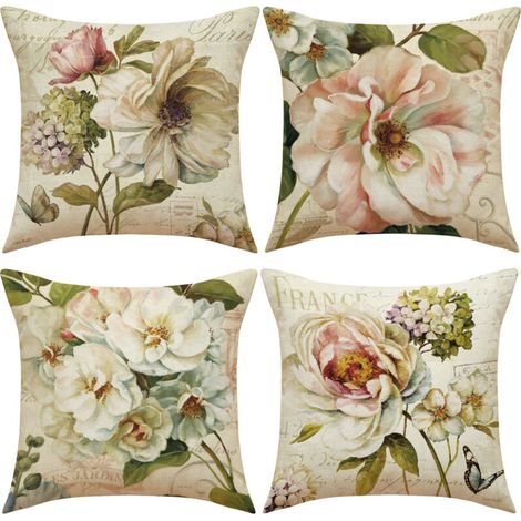 CCYKXAA Lot de 4 décoratives pour canapé Fleurs de Rose rétro Lavable Lin Textile revêtement extérieur taie d'oreiller taie d (1/4)