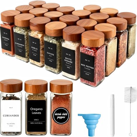 Lot de 24 Pot à Épices en Verre et Bois de 120ml avec Couvercle en Acacia, Étiquettes, Entonnoir (1/5)