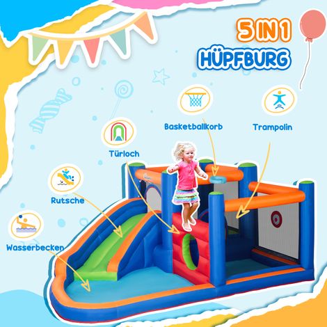 Château gonflable avec toboggan, espace de saut et piscine, pompe électrique fournie, capacité jusqu'à 3 enfants, dimensions 380 x 340 x 170 cm