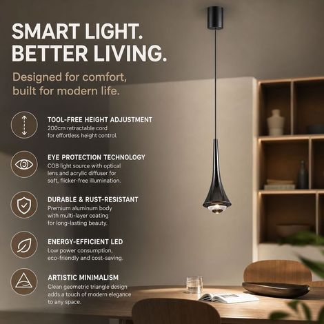 8-W-LED-Pendelleuchte, höhenverstellbar ohne Demontage, Gehäuse aus schwarzem Perlmutt-Aluminium und Acryl-Diffusor, minimalistisches geometrisches Design für den Innenbereich