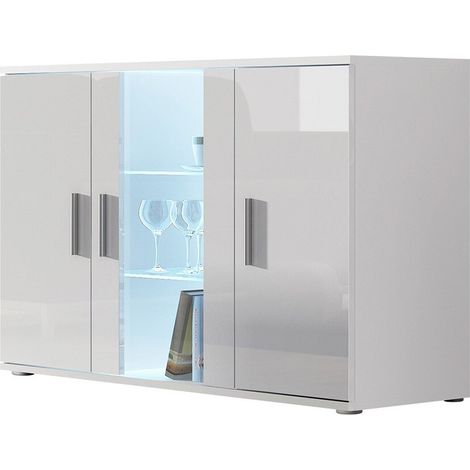Aparador Tornola 106, Blanco + Blanco brillante, 80x120cm, Número de puertas: 341cm, Aglomerado laminado, Vidrio (1/4)