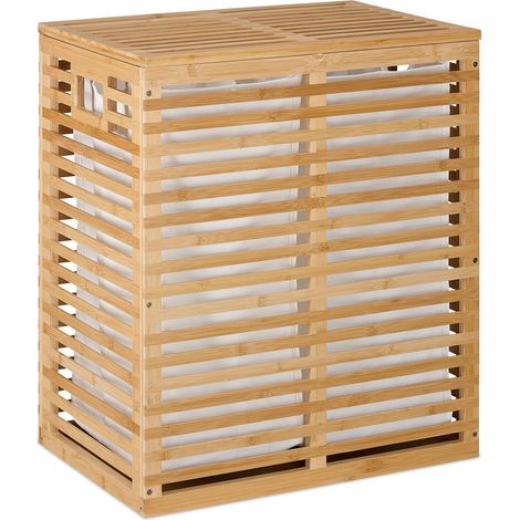Meuble à linge pratique moderne salle de bain 61 x 53 x 35 cm avec sacs amovibles en bambou beige (1/5)