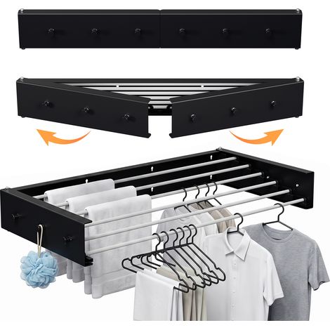 Jiubiaz Wandtrockner klappbar 100 cm, Wand-Wäscheständer für Balkon, Terrasse & Innenbereich, rostbeständige Beschichtung, wetterfester Wandtrockner 6 Stangen, 30 kg Tragkraft, Schwarz (1/5)