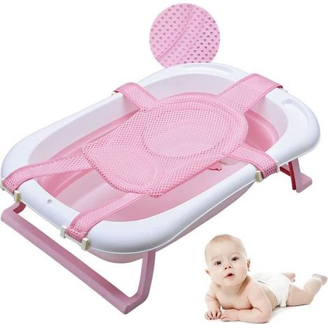 Hamac de Bain pour Bébé - Rose - Tapis de bain pour bébé - Anti-dérapant Support de Sièges de bain Réglable (1/4)