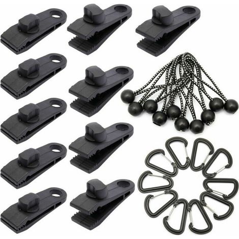 Lot de 30 sangles d'arrimage pour bâche d'extérieur avec poignée de verrouillage robuste et mousqueton pour bâche de camping, auvent de caravane. (1/4)