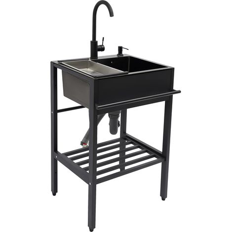 Évier de cuisine, Lavabo simple commercial portable, en acier inoxydable, noir, avec robinet, panier à tamis, distributeur de savon, pour extérieur, gastro, jardin, camping, 55 x 45 x 86 cm