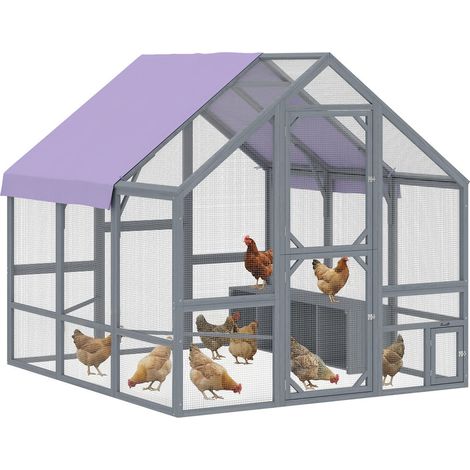 Poulailler en Bois avec Enclos Grillagé 8 à 10 Poules 2 Pondoirs 2 Perchoirs et Bâche de Protection 211x186,5x185,5cm Gris Foncé (1/5)