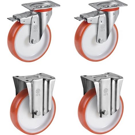 Lot de 4 roulettes pivotantes à frein et fixe polyuréthane rouge 150 mm - 900 Kg (1/4)