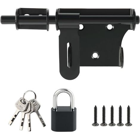 Verrou Porte Exterieur/Interieure avec Cadenas, Loquet Porte Coulissante en Acier Inoxydable pour Fenêtre, Placard et Jardin, Finition Brossée, Barre de, 150MM noir