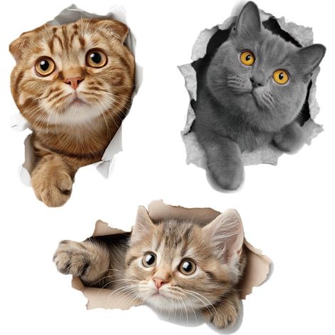 3 pièces Autocollants Chat 3D Muraux adhésifs chats réalistes autocollant mural amovible pour Chambre Frigo Voiture Salle de Bain WC Toilette Salon Bureau Décoration (chat) (1/5)