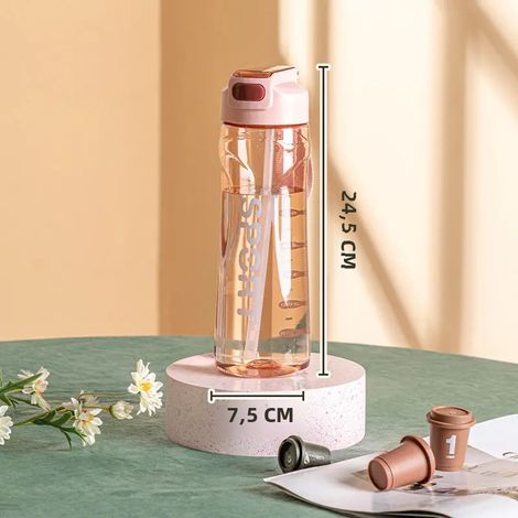 Bouteille d'eau de sport (rose) de 800 ml avec couvercle et bandoulière, en plastique transparent. (1/5)
