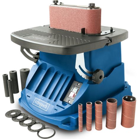 Scheppach Ponceuse oscillante OSM600 - Ponceuse à bande et à broche -450 W - Course d'oscillation 16 mm - 5 manchons abrasifs - Broches Ø13/19/26/38/51 mm - Inclinable à 45°