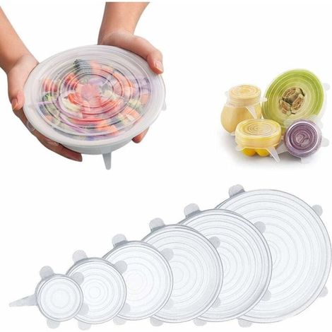 Couvercles extensibles en silicone, couvercles de joint réutilisables durables et extensibles de 6 tailles, récipient extensible écologique gardant les aliments(Clair-6PCS)