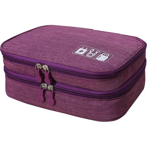 Organisateur de Chargeur Électronique Portable en Coton Lin Double Fermeture Éclair et Design à Deux Couches, Grosse Capacité pour Accessoires de Voyage et Câbles (1/5)