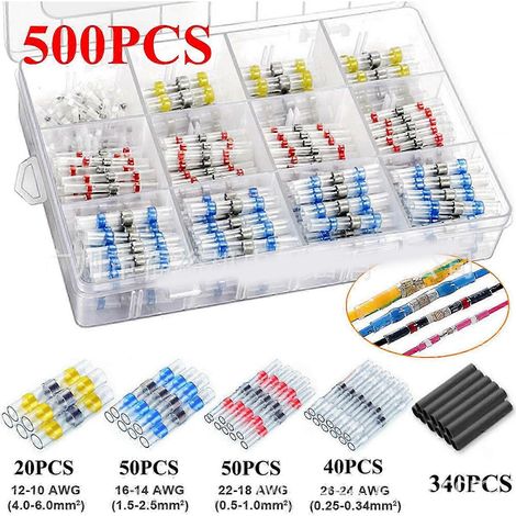 Lot de 500 connecteurs étanches à sertir thermorétractables, bagues de soudure isolées, assortiment : 40 blancs, 50 rouges, 50 bleus, 20 jaunes, 340 gaines. (1/4)