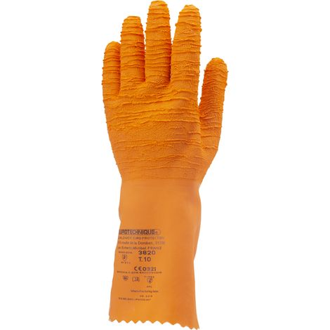 Pack mit 12 Paar orangefarbenen, gekreppten Latexhandschuhen, 34 cm, Premiumqualität, Größe 9 (1/2)