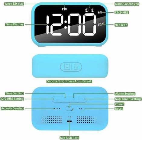 DBBEGK Réveil Numérique LED avec Fonction Snooze Surface Miroir Rechargeable USB 12 / 24H pour Bureau de Chambre Bleu-Fei Yu (1/2)