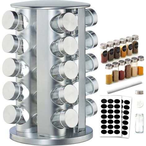 Estante para especias, estantes giratorios de 360°, carrusel de acero inoxidable 430, estante para almacenar especias, 20 frascos de vidrio con tapas, almacenamiento de cocina independiente (1/5)