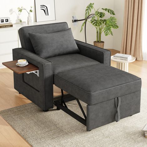 Canapé pliant multifonction - Avec ports de charge USB - Avec support pour téléphone - Tissu velours côtelé - Gris (1/5)