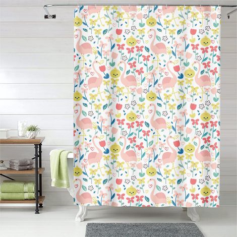 Rideau de douche flamant rose décor tropical chic, polyester, 90x180 cm (1/5)