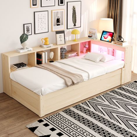 Lit banquette 90x200 cm couleur bois avec prise européenne, rangements multiples, bandes LED multicolores, coffre hydraulique et structure en bois massif (1/5)