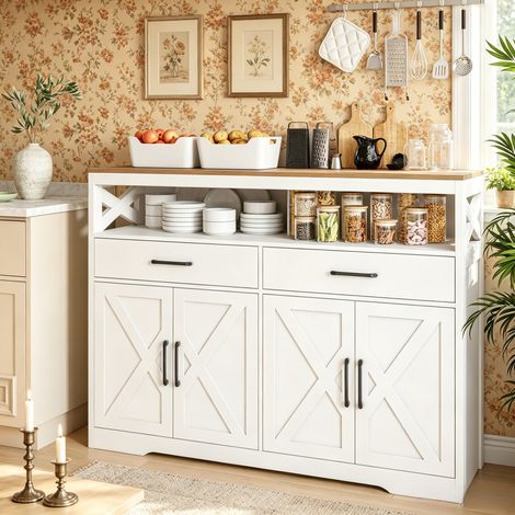 JOOKGBD-Credenza 140x40x105 cm,Mobile da Giorno con Cassetti e Ante,Armadio da Cucina con Ripiani Regolabili e Compartimento Aperto,Credenza Sala da Pranzo per Soggiorno Cucina,Bianco