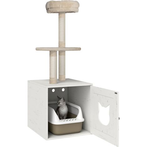 2-in-1-Katzenbaum mit integrierter Katzentoilettenabdeckung, 129 cm, Kratzstämmen und Spielplattformen, cremefarben
