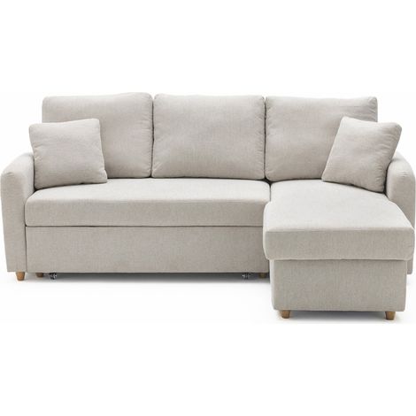 Drawer – Canapé d'angle convertible 3 places en tissu beige chiné – Coffre de rangement intégré – Réversible – Dimensions couchage 135x190cm (1/5)