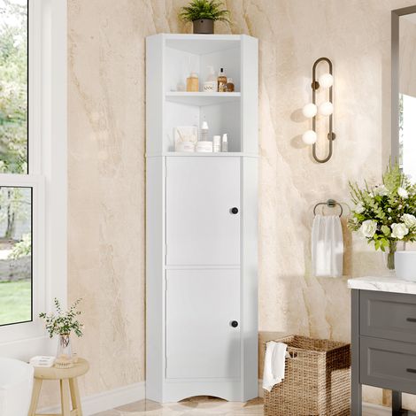 Badezimmerschrank 51.7x32x155.4 cm, dreieckiges Eckdesign, verstellbare Einlegeböden, MDF, weiß (1/5)