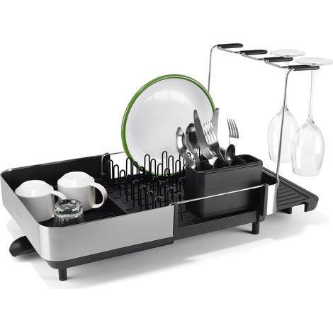 Joseph Joseph Extend Steel Plus Scolapiatti Estensibile in Acciaio, con Porta Calici e Beccuccio di Scarico, Nero (1/5)