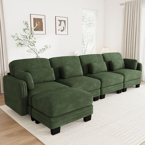 4 Places 330x143 cm : Canapé d'Angle Modulable Vert en Chenille avec Pouf, Détente Quotidienne pour Salon et Appartement (1/5)