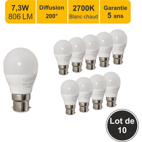 Lot de 10 ampoules LED B22 7,3W 806Lm 2700K - garantie 5 ans