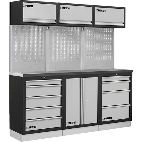 Modulares Werkstattmobel mit Edelstahlplatte Schranke und Schubladen Fervi a008n